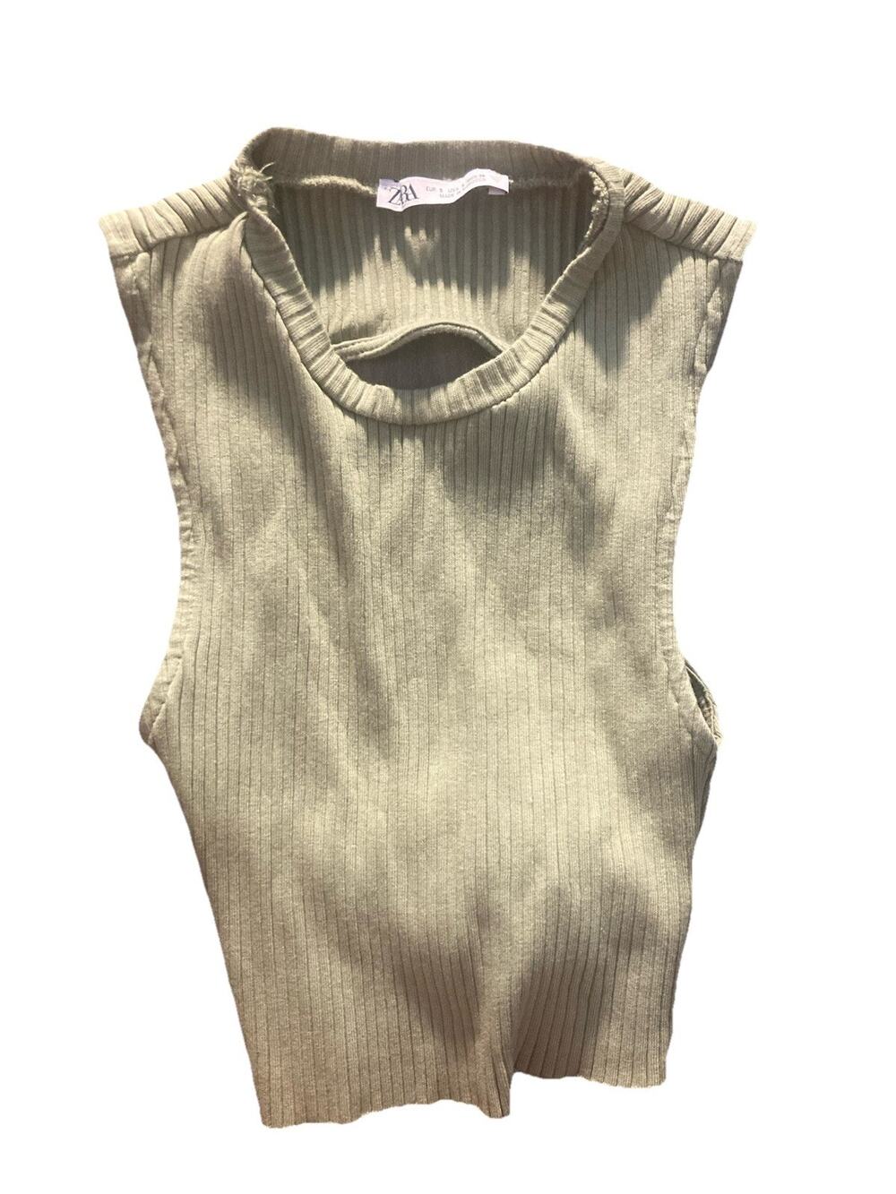 Zara Tank Top Womens S Green Crew Neck Sleeveless Ribbed Side Tie Cropped